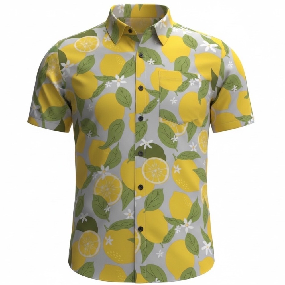 Mad Engine Button Down Shirt Men's XL Lemon Print Short Sleeve Camp‎ Summer
